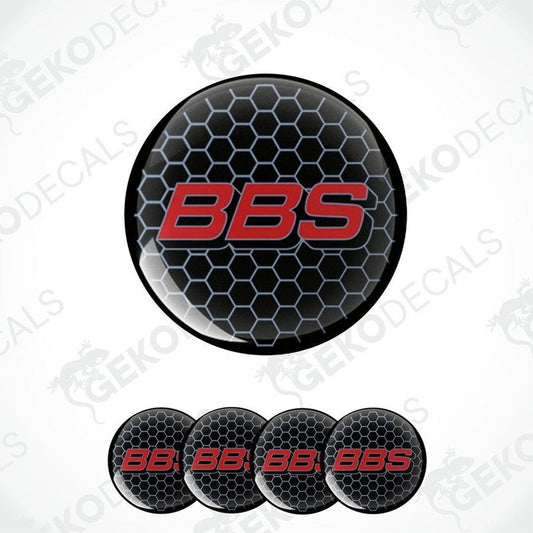 A set of four black, red, and white vinyl decals with a honeycomb pattern and the 'BBS' logo.