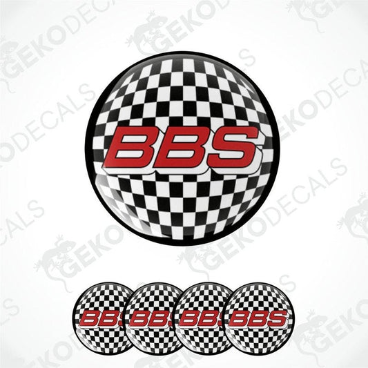 A set of four black and white checkered vinyl decals with the text 'BBS' in red.