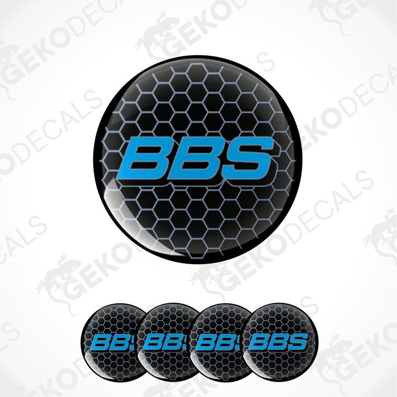 A set of four black vinyl stickers with the letters 'BBS' in blue, designed for use as car decals.