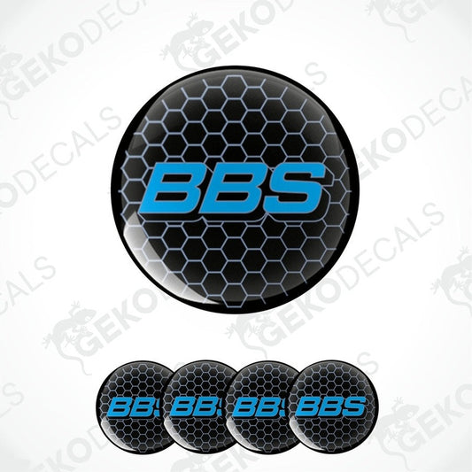 A set of four black vinyl stickers with the letters 'BBS' in blue, designed for use as car decals.