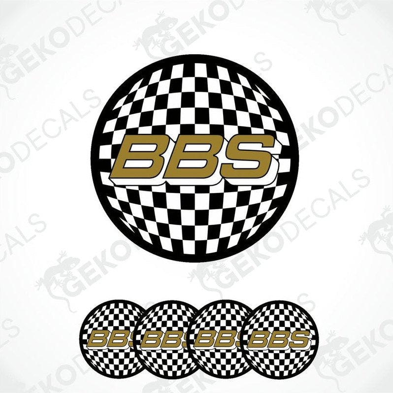 A set of four vinyl decals with a polyurethane coating featuring a checkered black and white design and the letters 'BBS' in gold.