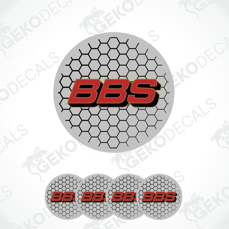 A set of four round car decals with a honeycomb pattern and the letters 'BBS' in the center.