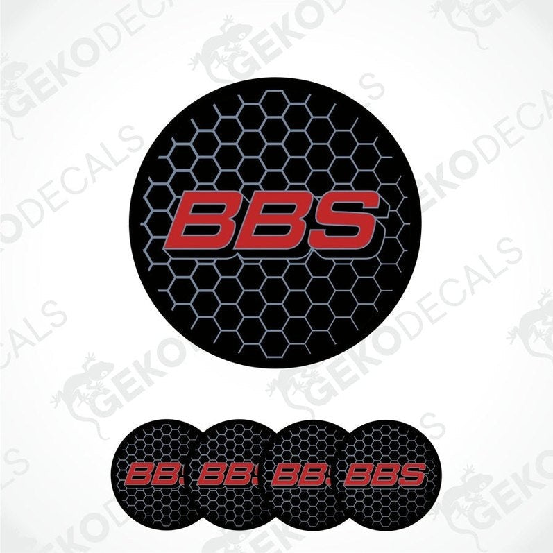 A set of four black, red, and white vinyl decals with a honeycomb pattern and the 'BBS' logo.