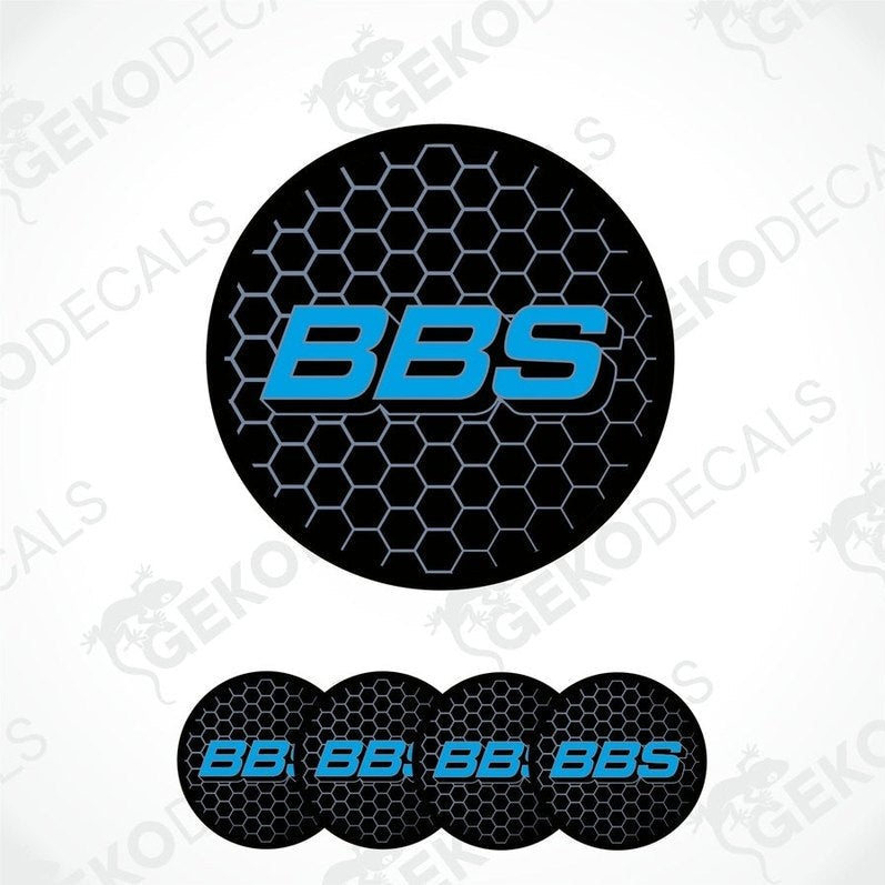 A set of four black vinyl stickers with the letters 'BBS' in blue, designed for use as car decals.