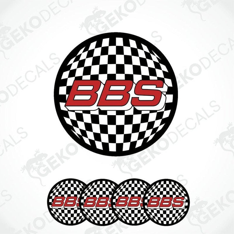 A set of four black and white checkered vinyl decals with the text 'BBS' in red.