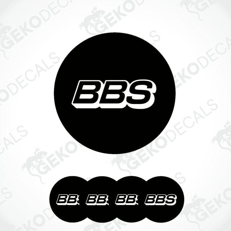 A set of four black vinyl decals with the 'BBS' logo in white.