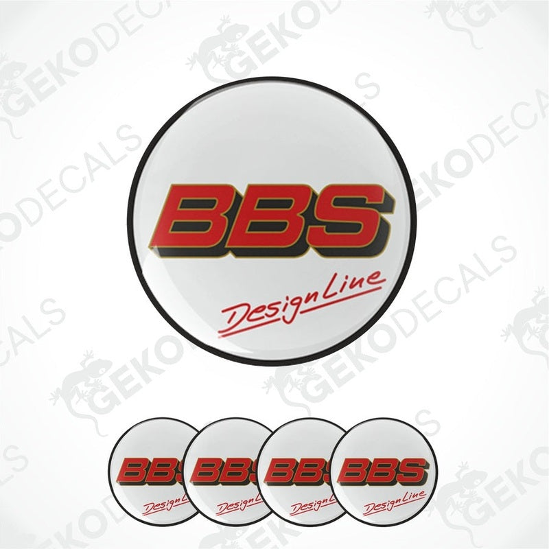 A set of four round car decals with the BBS Designline logo in red and black on a white background.