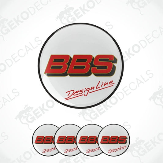 A set of four round car decals with the BBS Designline logo in red and black on a white background.