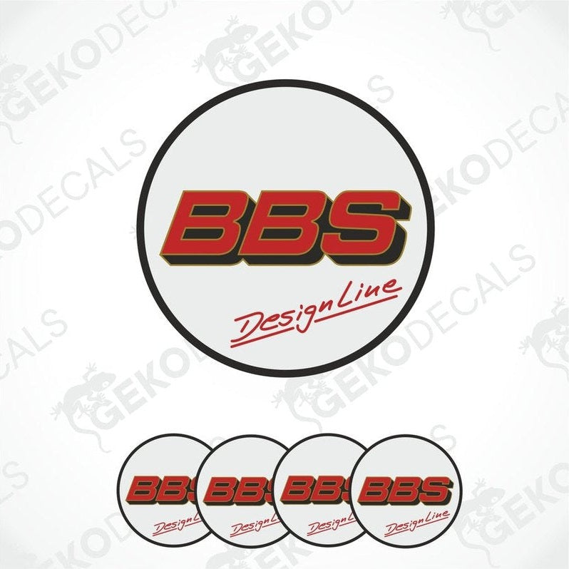 A set of four round car decals with the BBS Designline logo in red and black on a white background.