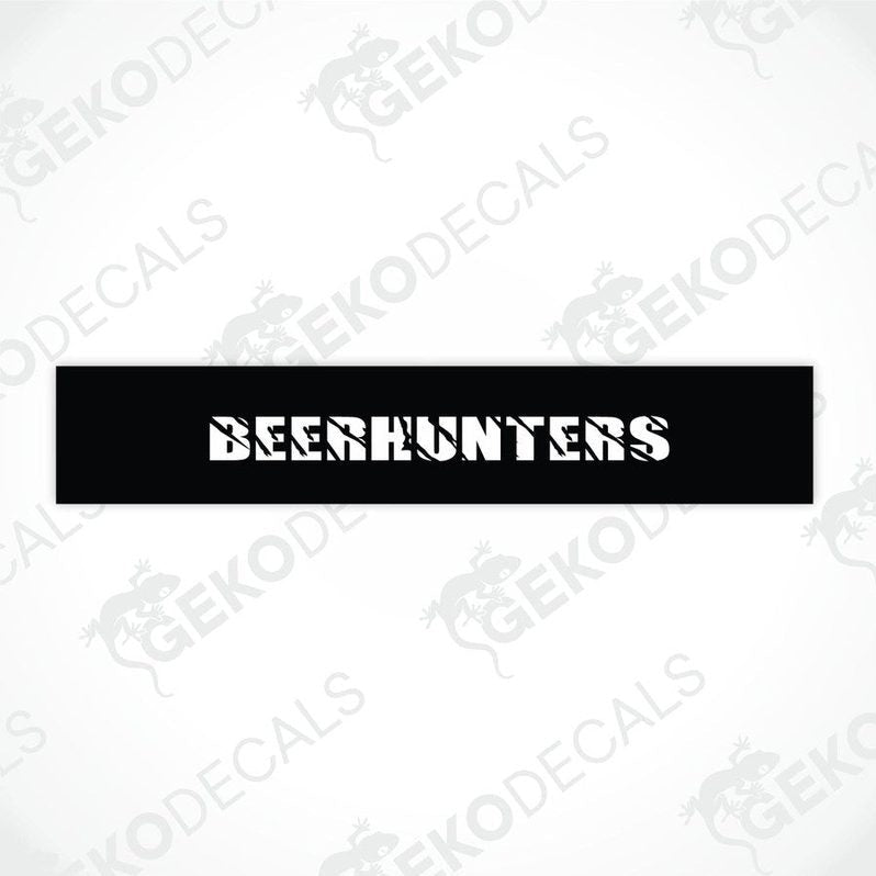 Black car windshield sun visor with white text BEERHUNTERS