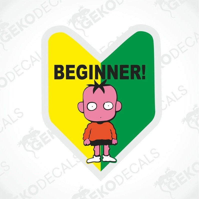 A car decal featuring a cartoon character in a green and yellow heart-shaped background, with the text 'Beginner!'.