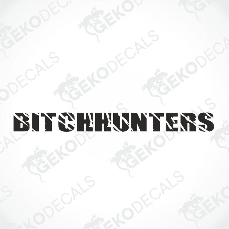 Black car windshield sticker with cut-out text BITCHHUNTERS