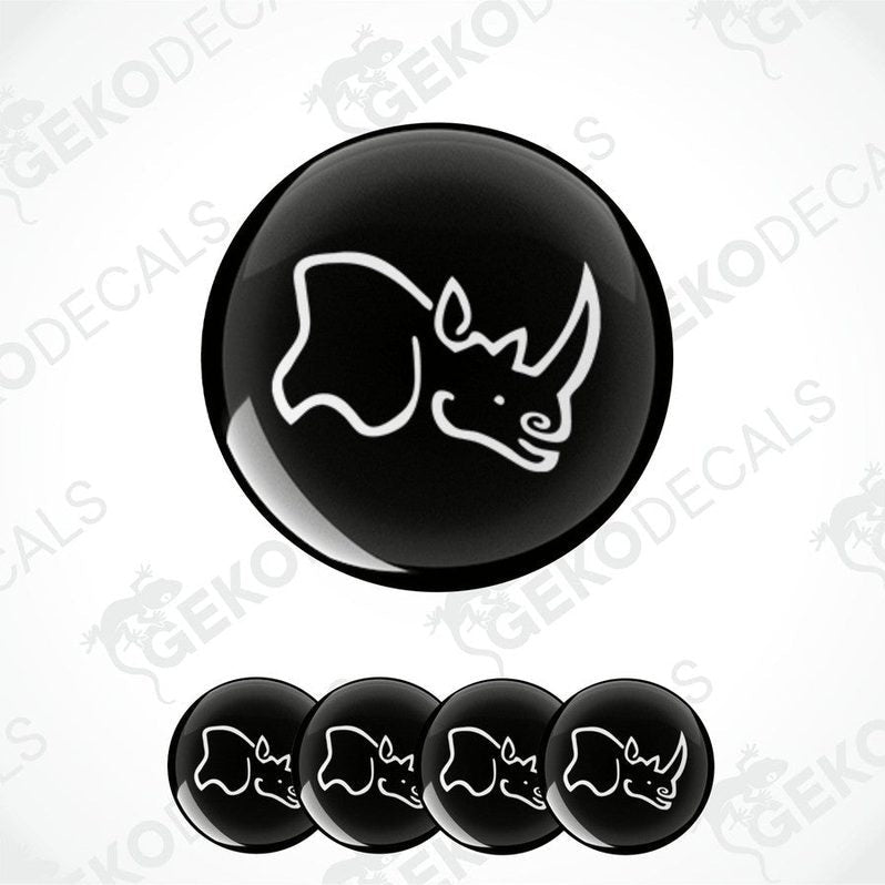 A set of four black vinyl stickers with a rhinoceros design and the text 'Black Rhino's Alloys'.