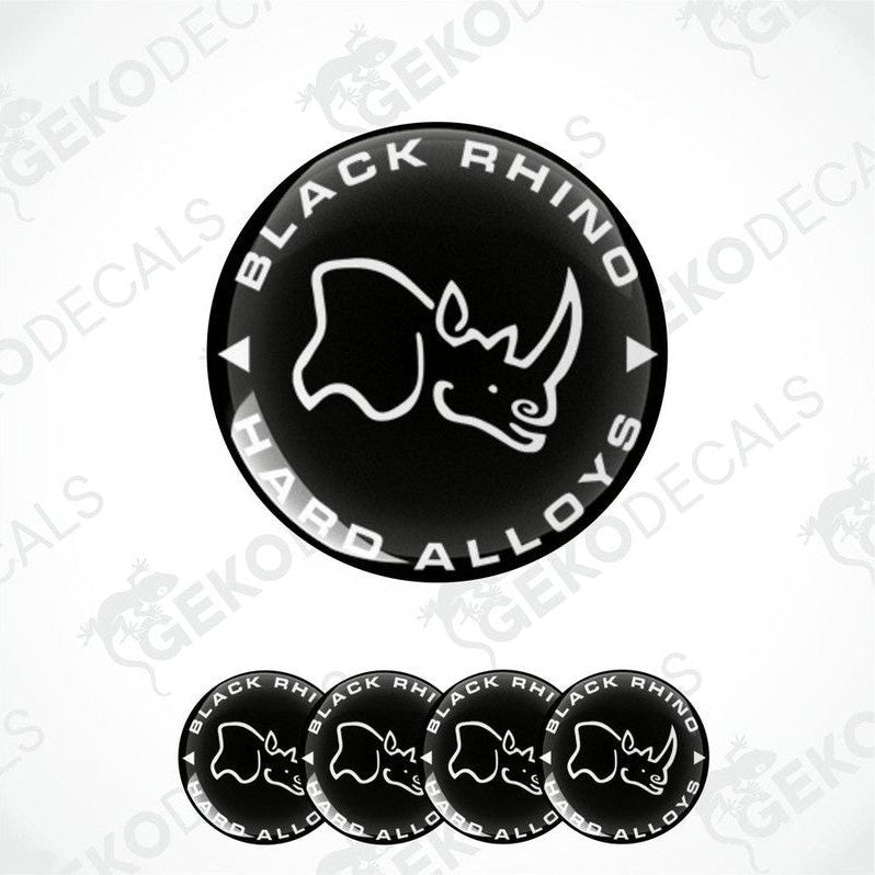 A set of four black vinyl stickers with a rhinoceros design and the text 'Black Rhino's Alloys'.