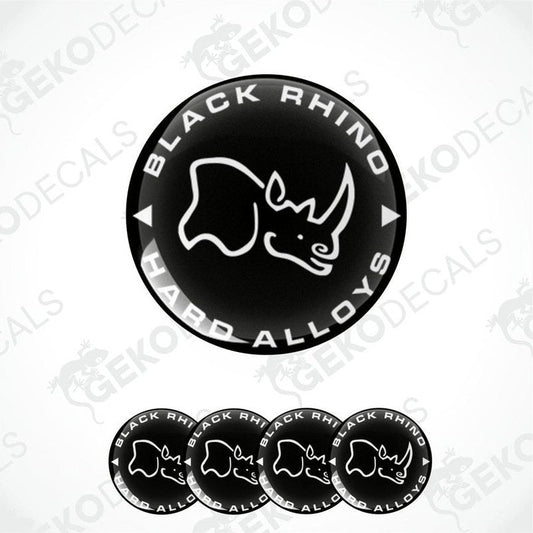 A set of four black vinyl stickers with a rhinoceros design and the text 'Black Rhino's Alloys'.