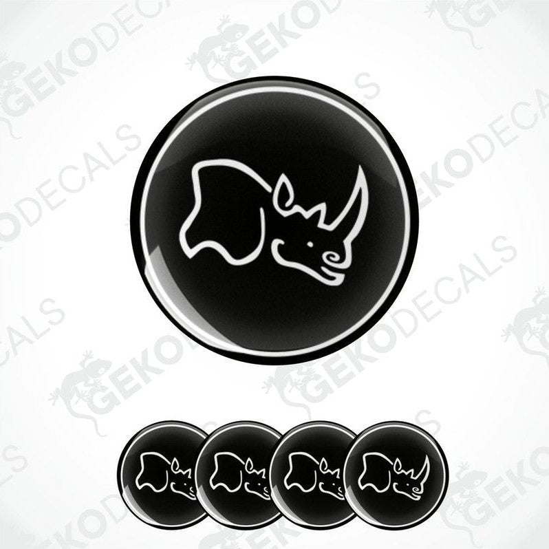 A set of four black vinyl stickers with a rhinoceros design and the text 'Black Rhino's Alloys'.