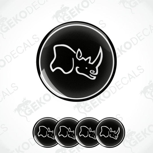 A set of four black vinyl stickers with a rhinoceros design and the text 'Black Rhino's Alloys'.