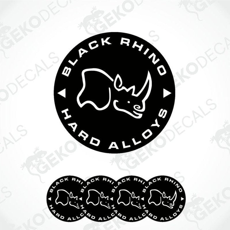 A set of four black vinyl stickers with a rhinoceros design and the text 'Black Rhino's Alloys'.