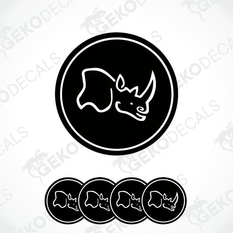A set of four black vinyl stickers with a rhinoceros design and the text 'Black Rhino's Alloys'.