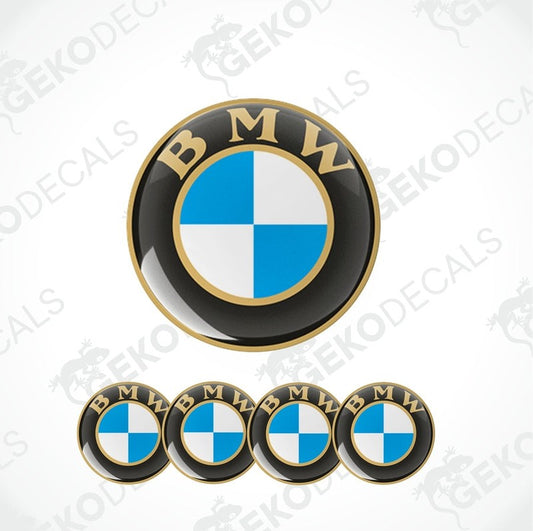A set of four BMW branded vinyl decals with a polyurethane coating, displayed on a white background.