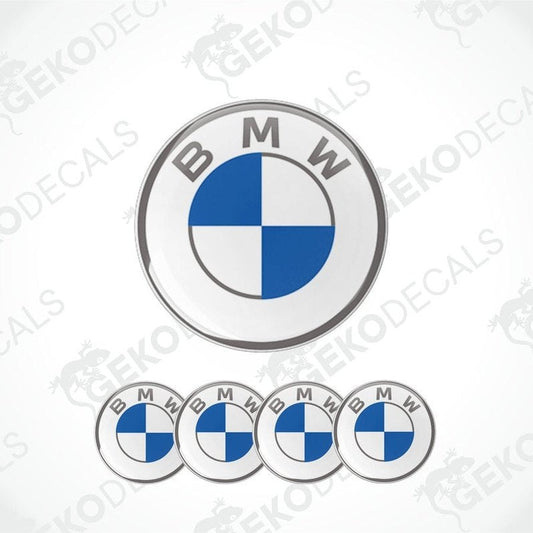 A set of four BMW branded vinyl decals with a blue and white color scheme and a silver border.