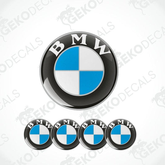 A set of four BMW branded vinyl decals with a polyurethane coating, displayed against a white background.