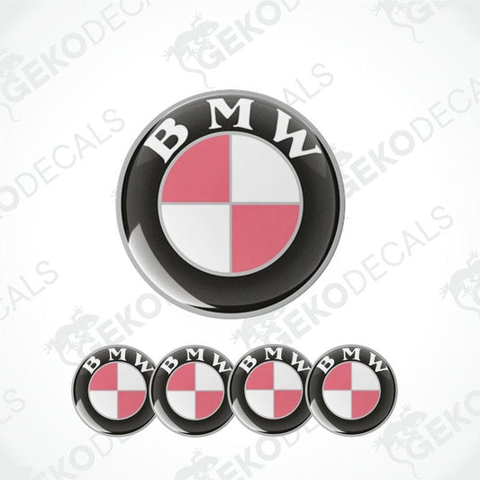 A set of four black vinyl stickers with the BMW logo in white and red.