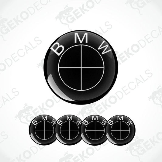 A set of four black and white BMW vinyl decals with a polyurethane coating, displayed on a white background.