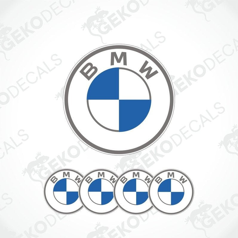 A set of four BMW branded vinyl decals with a blue and white color scheme and a silver border.