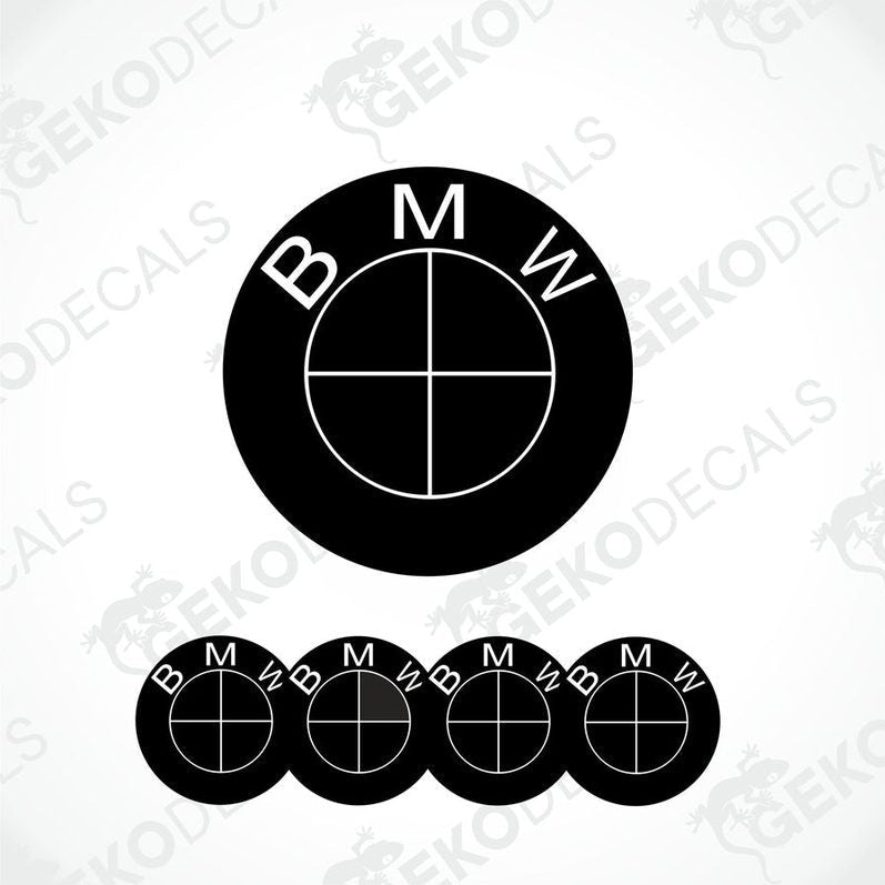 A set of four black and white BMW vinyl decals with a polyurethane coating, displayed on a white background.