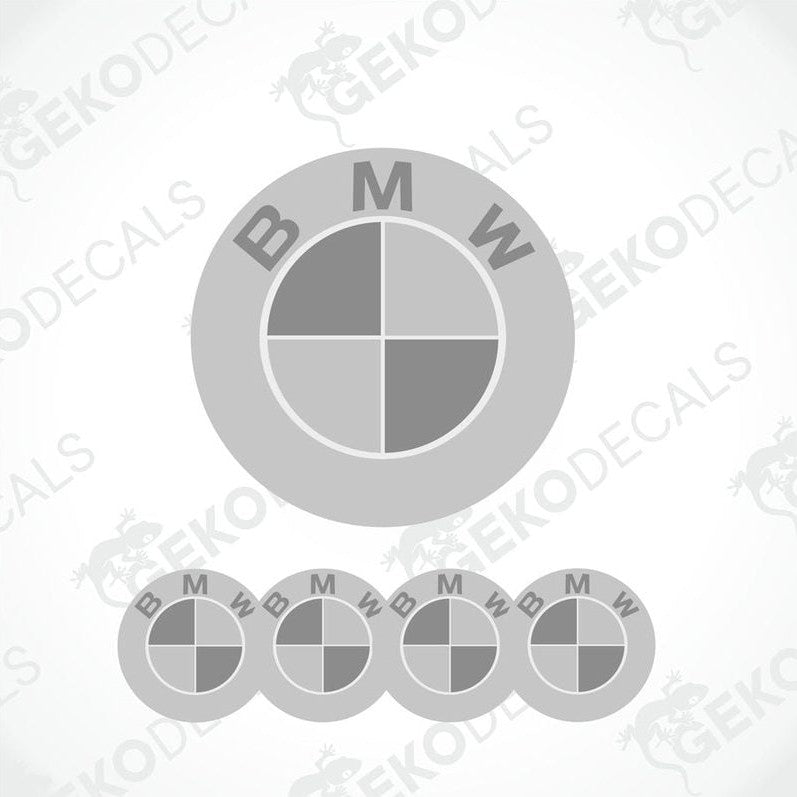 A set of four round car stickers with a gray background and a light and dark gray BMW logo.