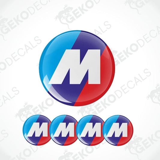 A set of four round vinyl stickers with a blue, dark blue, and red design featuring the letter 'M' in the center, representing the BMW M series.
