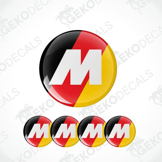 A set of four round vinyl stickers with a black, red, and yellow design featuring the letter 'M' in the center, representing the BMW M series.