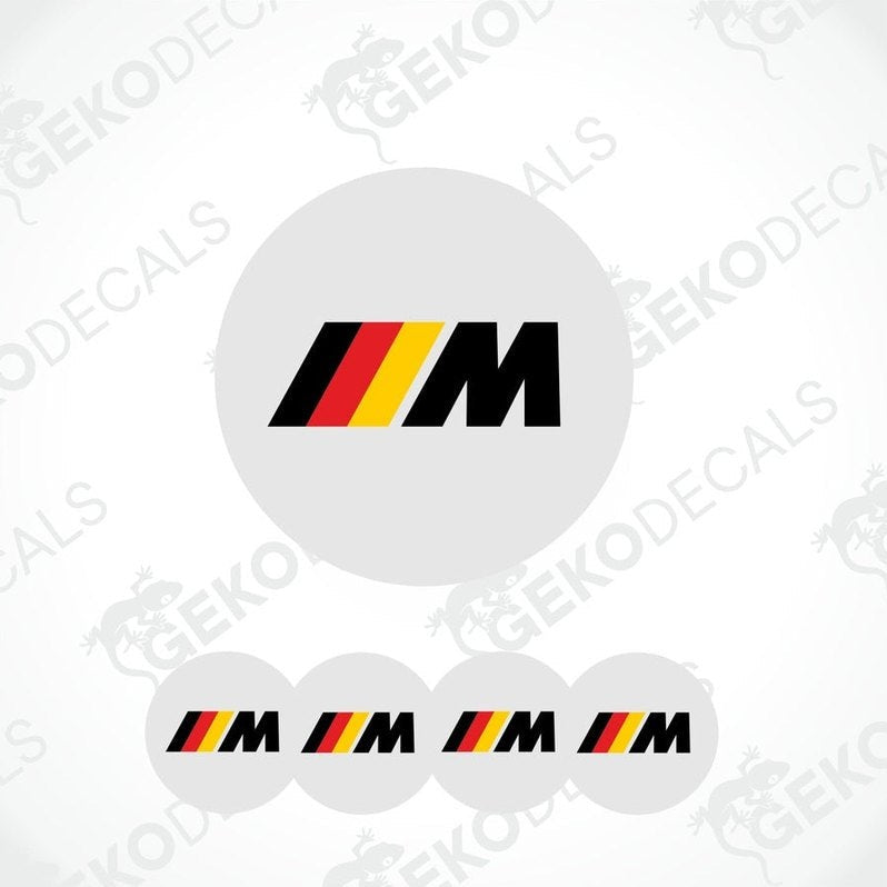 A set of four round car decals with a geometric pattern design, predominantly featuring the BMW M logo in red, yellow, and black colors.