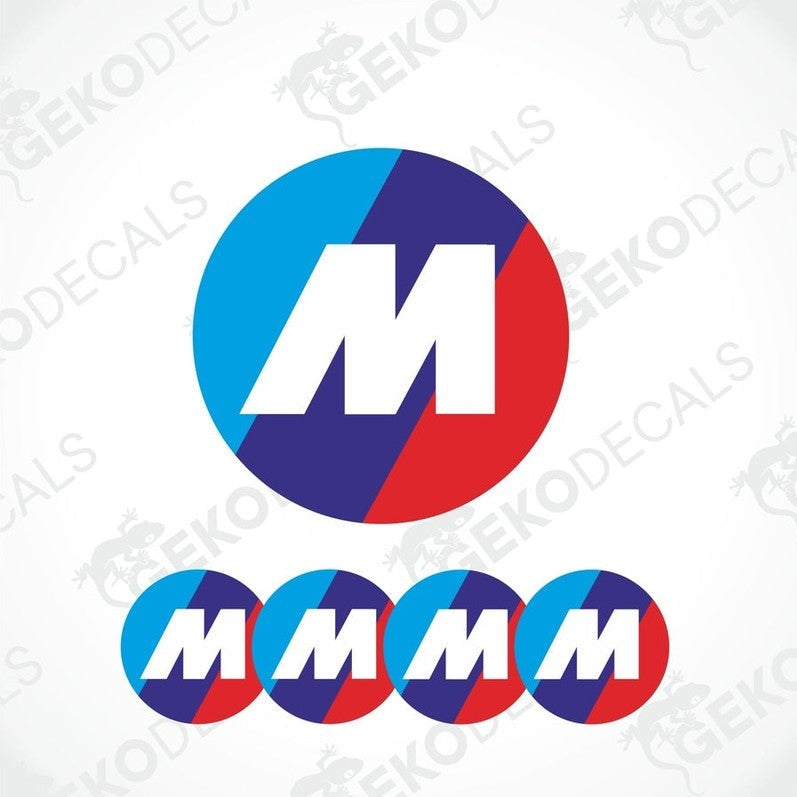 A set of four round vinyl stickers with a blue, dark blue, and red design featuring the letter 'M' in the center, representing the BMW M series.