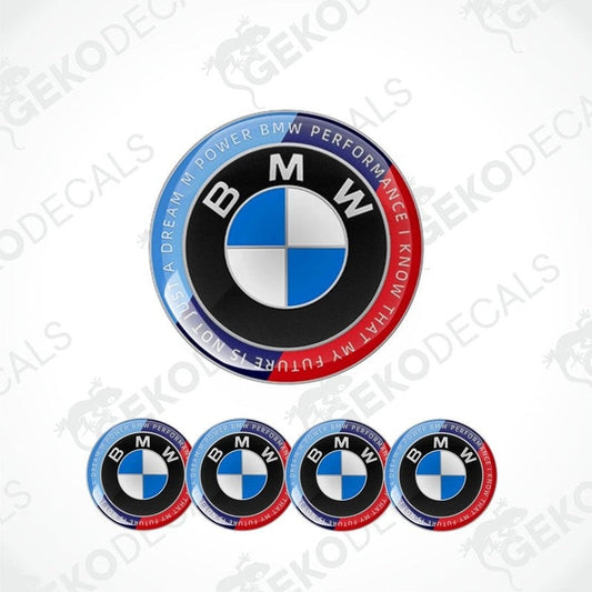 A set of four BMW M POWER PERFORMANCE vinyl stickers, with a black, blue, and white design featuring the BMW logo.