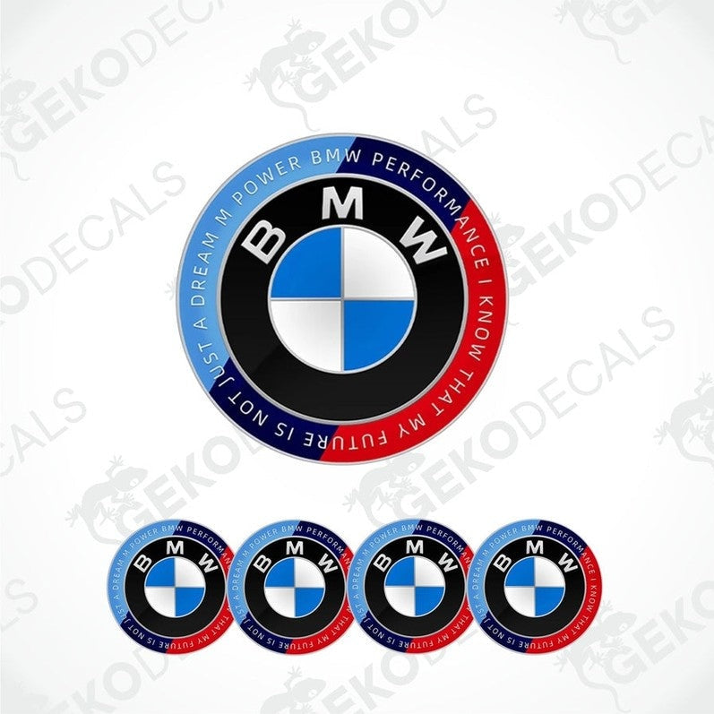 A set of four BMW M POWER PERFORMANCE vinyl stickers, with a black, blue, and white design featuring the BMW logo.