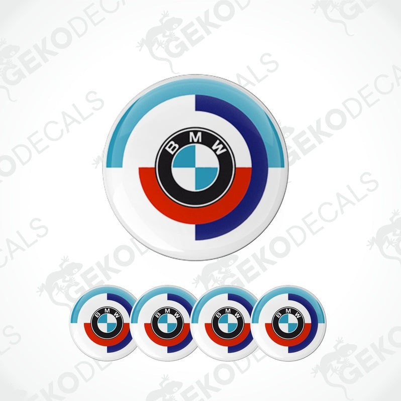 A set of four vinyl stickers with a BMW motorsport theme, featuring the BMW logo and colors blue, white, and red.