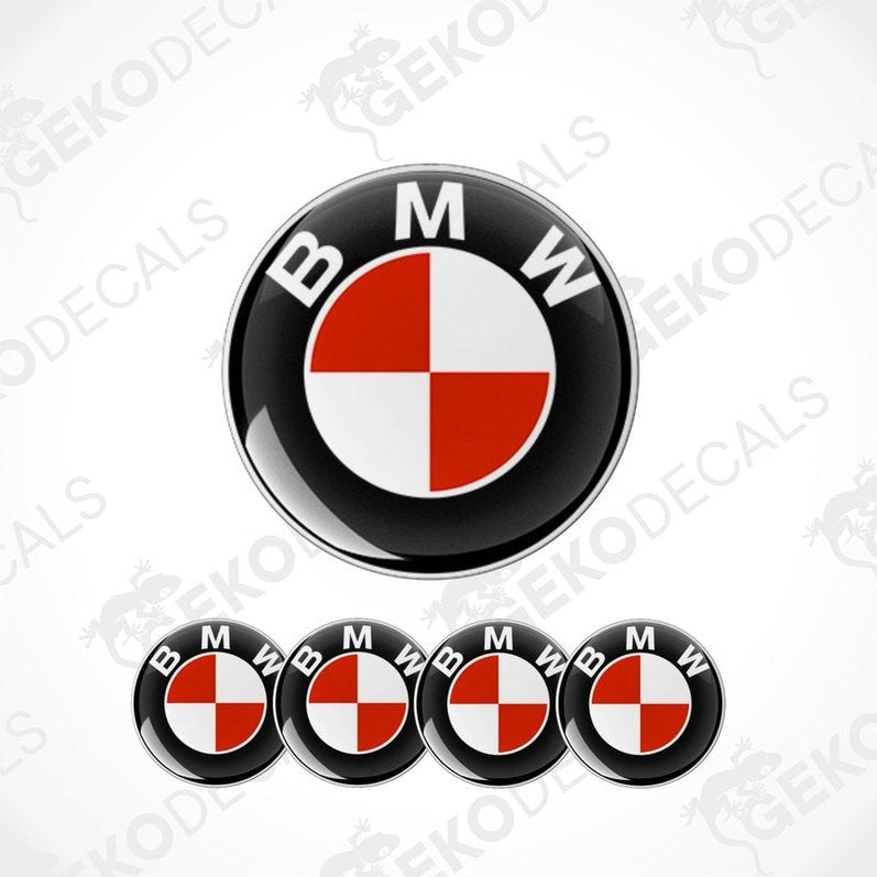 A set of four vinyl decals with a polyurethane coating, designed to resemble BMW logos in red, white, and black colors.