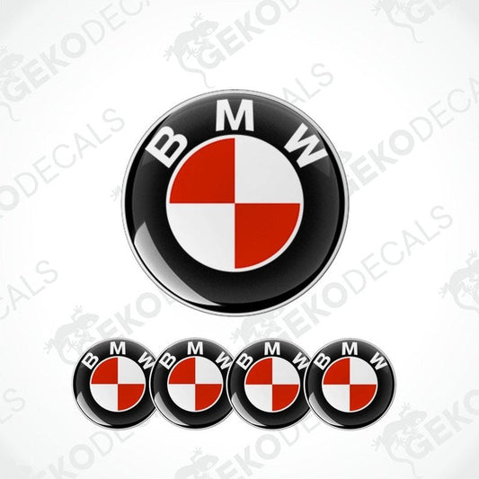A set of four vinyl decals with a polyurethane coating, designed to resemble BMW logos in red, white, and black colors.