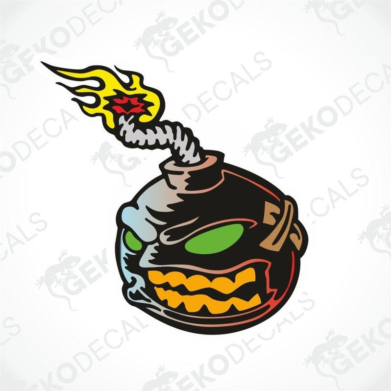 Cartoon bomb decal with face, green eyes and yellow teeth on white background
