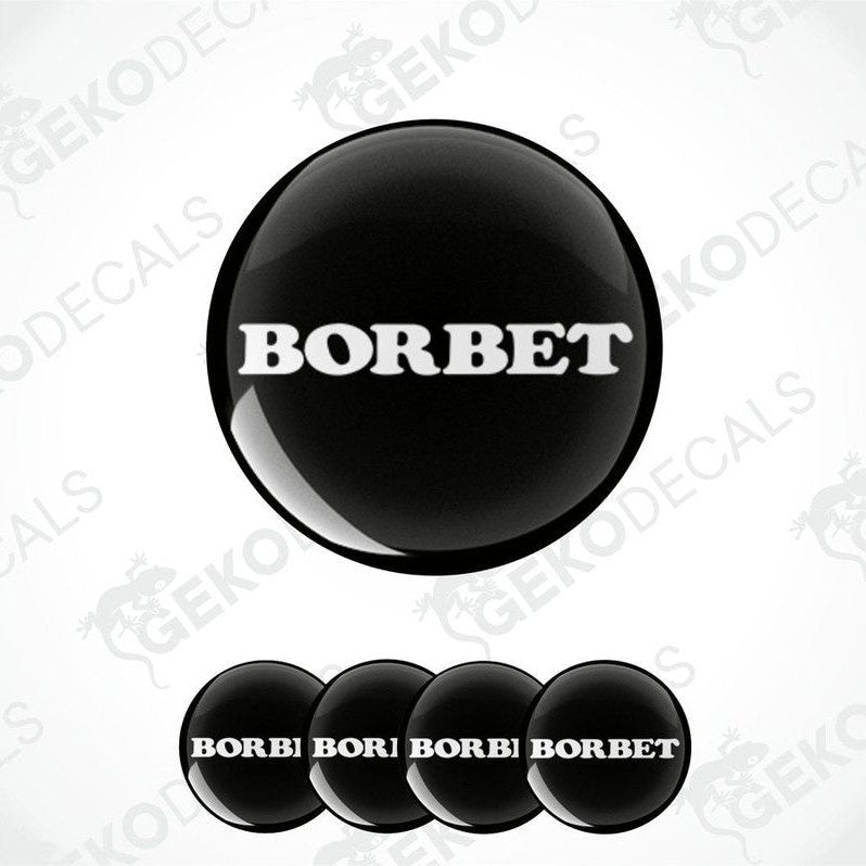A set of four black vinyl stickers with the word 'BORBET' in white.
