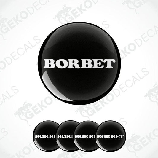 A set of four black vinyl stickers with the word 'BORBET' in white.