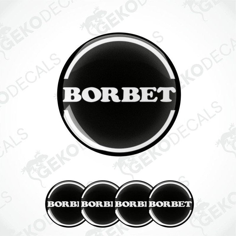 A set of four black vinyl stickers with the word 'BORBET' in white.