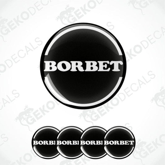 A set of four black vinyl stickers with the word 'BORBET' in white.