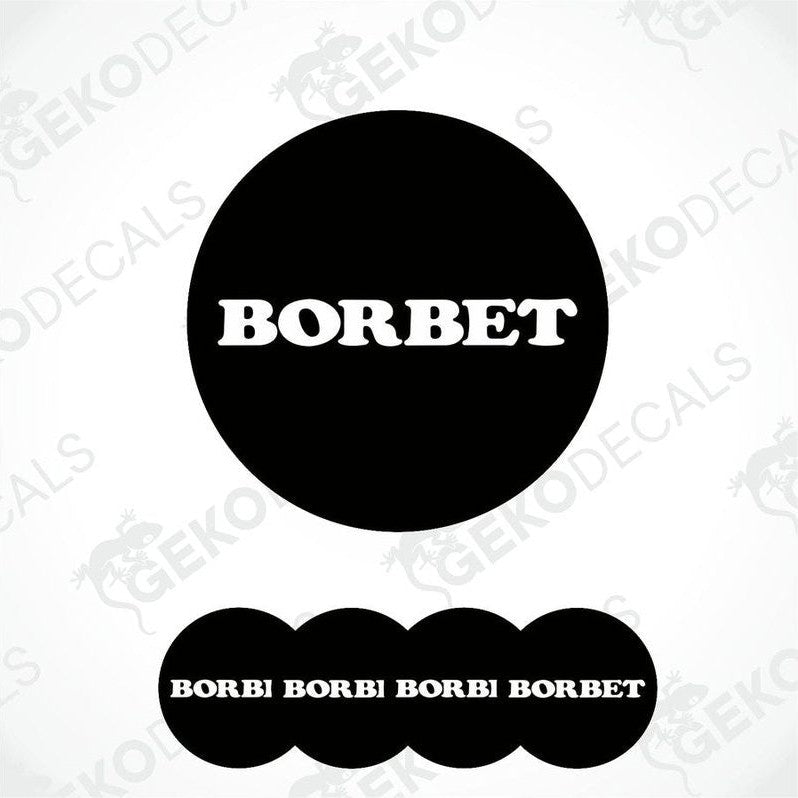 A set of four black vinyl stickers with the word 'BORBET' in white.