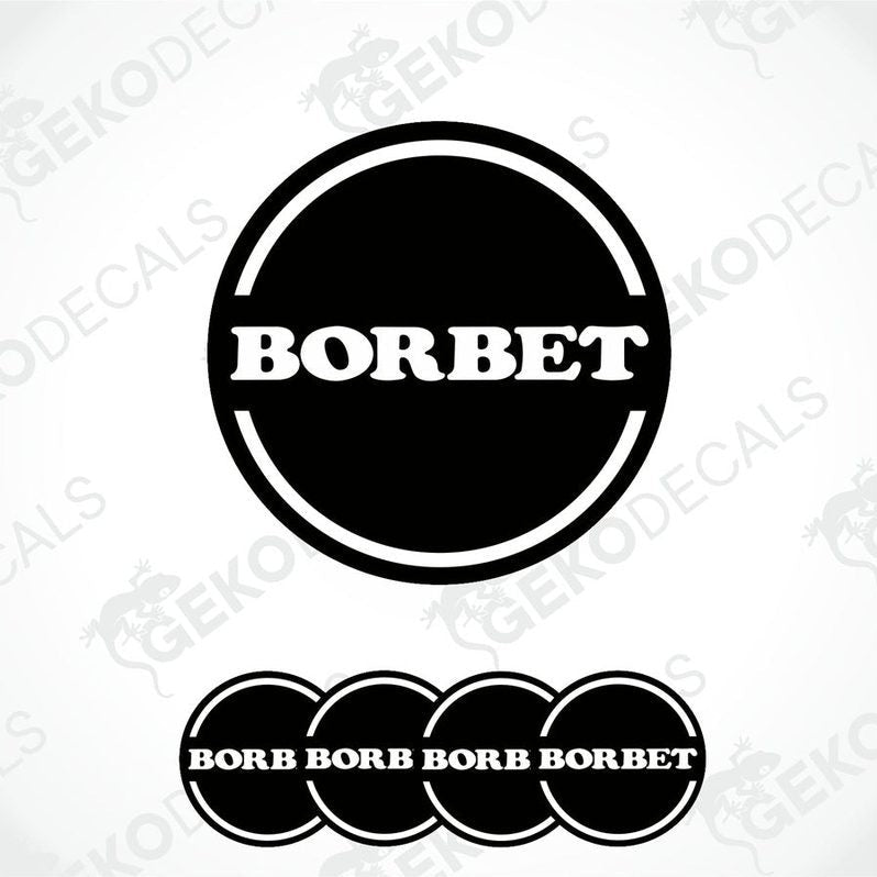 A set of four black vinyl stickers with the word 'BORBET' in white.