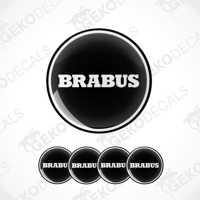 A set of four BRABUS branded vinyl decals with a black and white design.