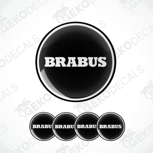 A set of four BRABUS branded vinyl decals with a black and white design.