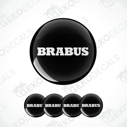 A set of four BRABUS branded vinyl decals with a black and white design.

